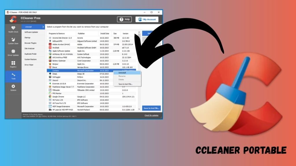 CCleaner logo and arrow shos its portable version