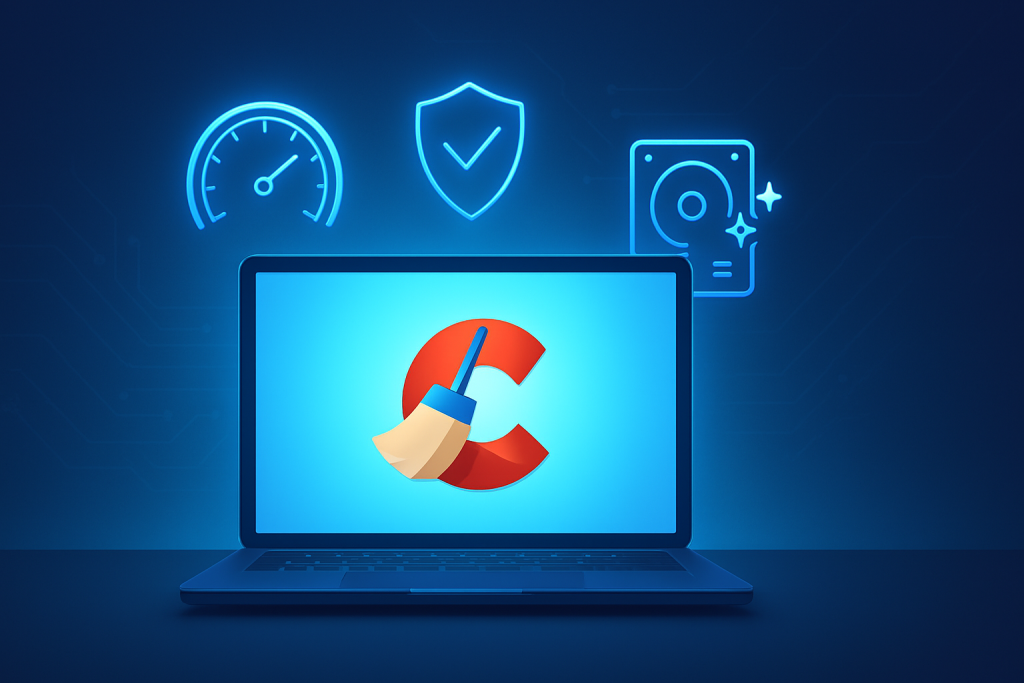 CCleaner Professional laptop interface with optimization icons for speed, security, and system cleaning on a modern digital workspace background.