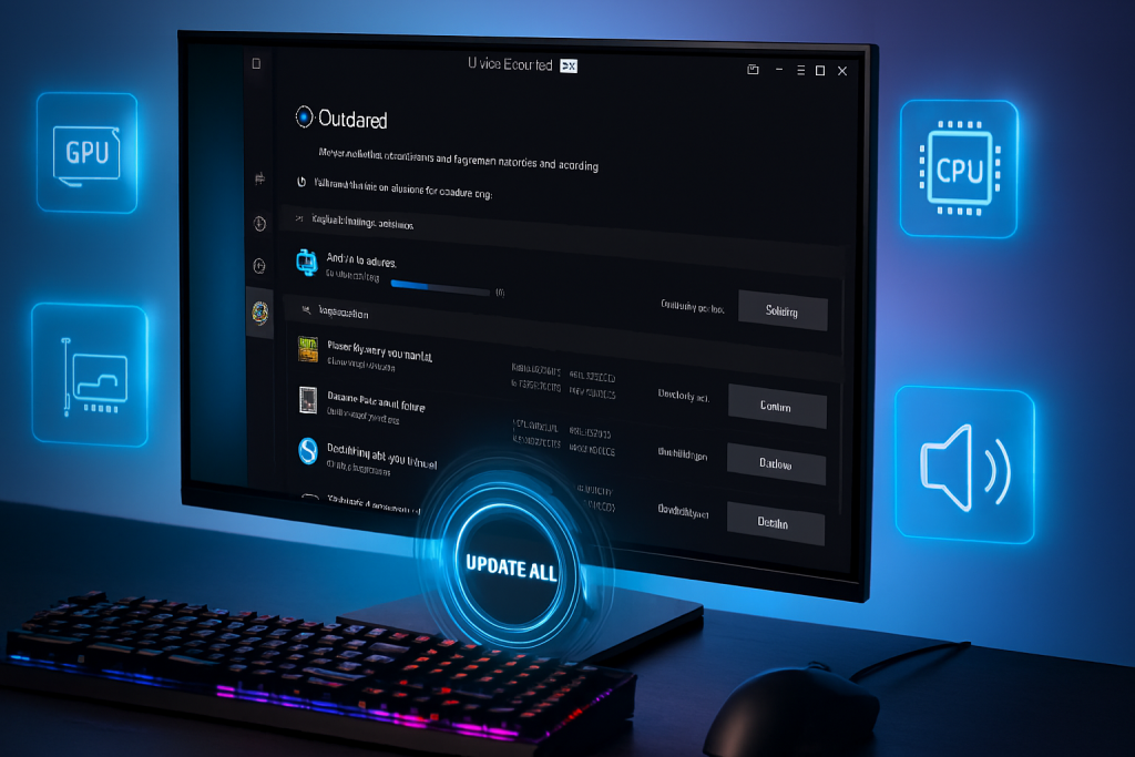 Driver Booster 13 Pro 2025 interface on a PC screen showing driver updates with gaming setup and hardware icons.