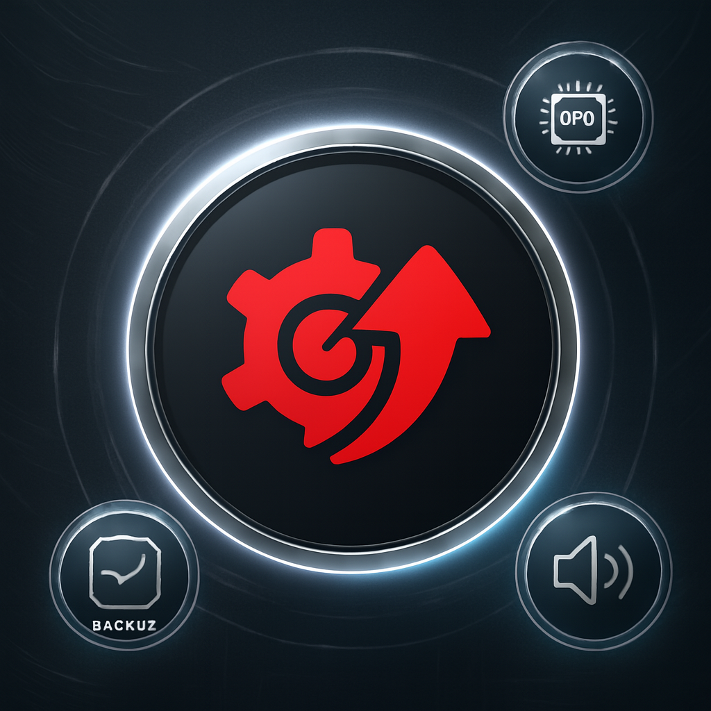 Driver Booster 13 Pro 2025 logo on a futuristic dark background with glowing tech elements and hardware icons.