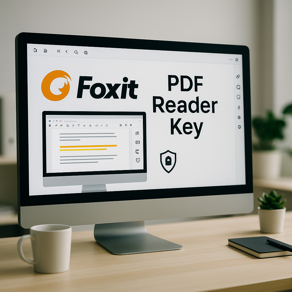Foxit PDF Reader Key with logo on computer screen showing PDF editing tools