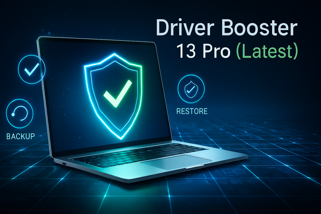 Windows laptop protected by a digital shield symbolizing the safety and security of Driver Booster 13 Pro latest version 2025.